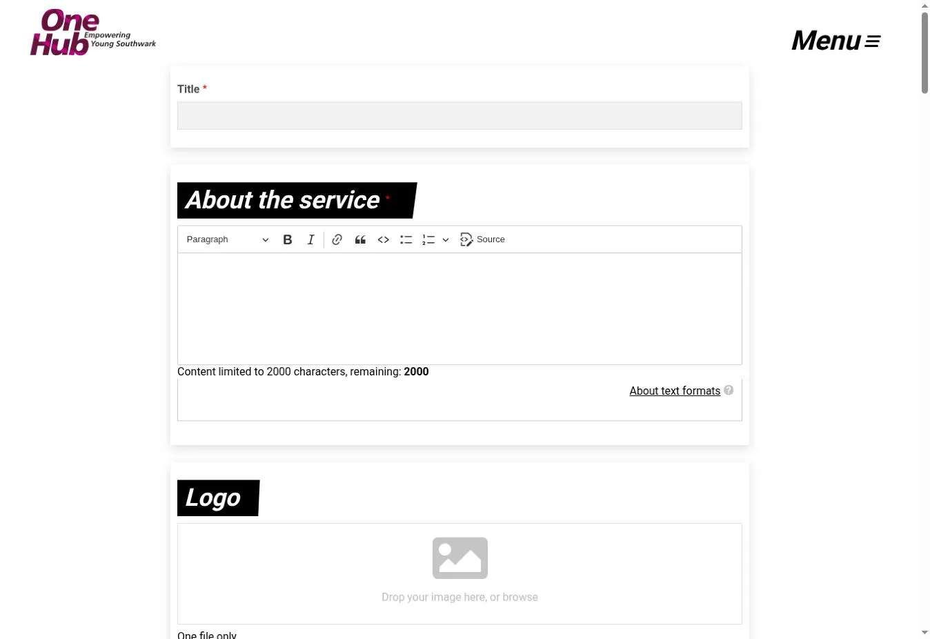 One Hub’s public service-submission form showing fields for a title, service description and logo