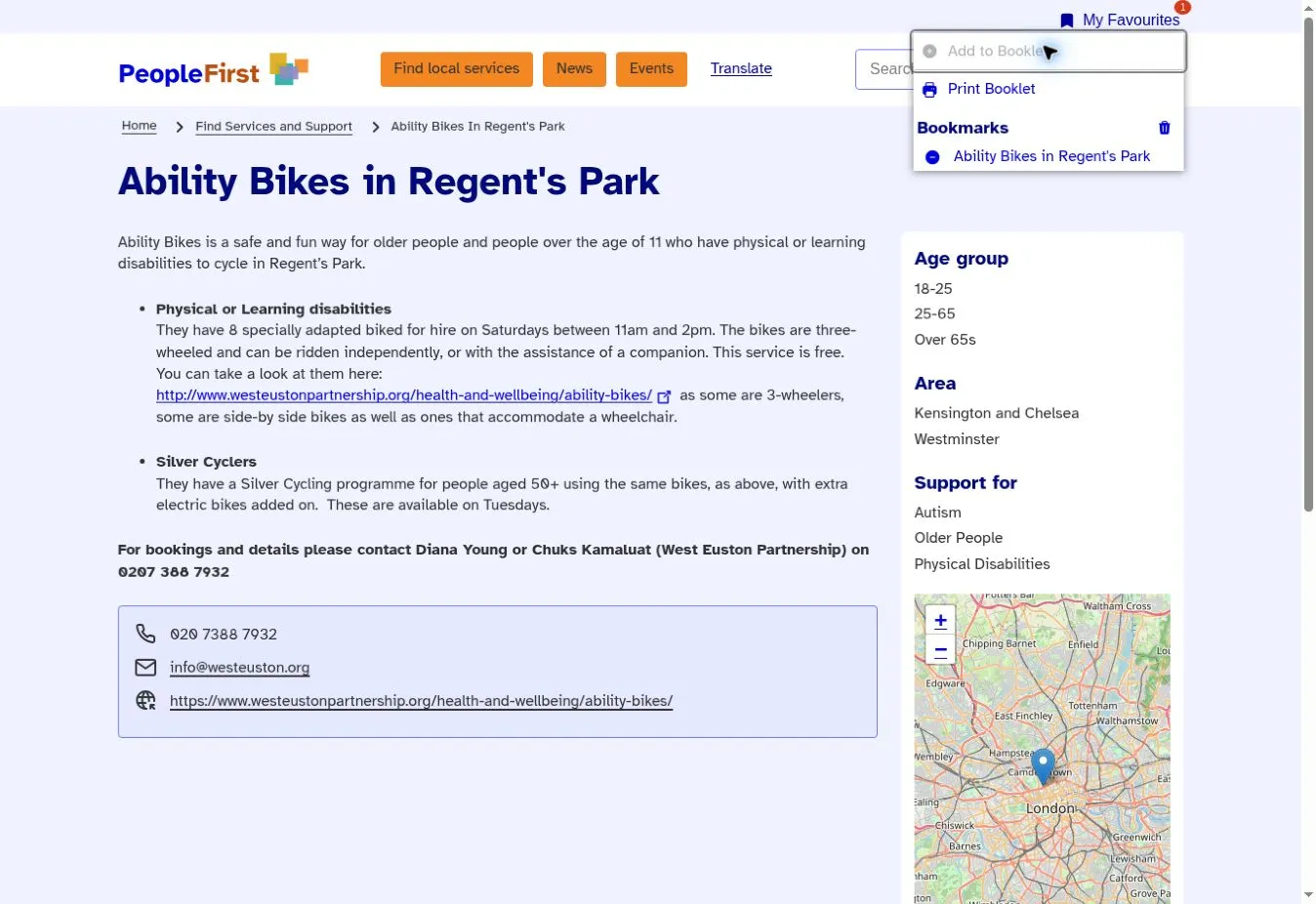 My Favourites panel showing a saved directory page and the Print Booklet option