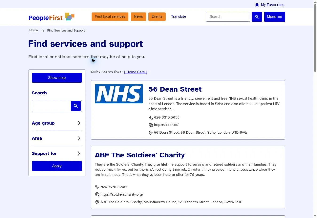 People First services directory showing search, age group, area and support filters beside organisation listings
