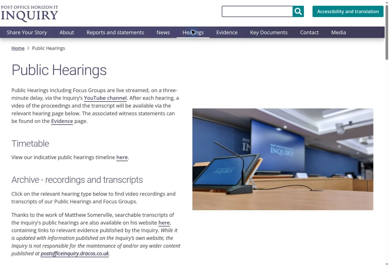 Public Hearings page with guidance and a photograph of the Inquiry hearing room