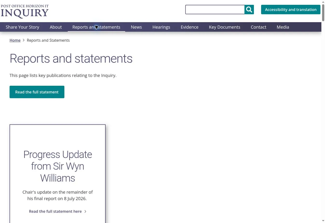 Reports and statements page with a link to the Chair’s progress update