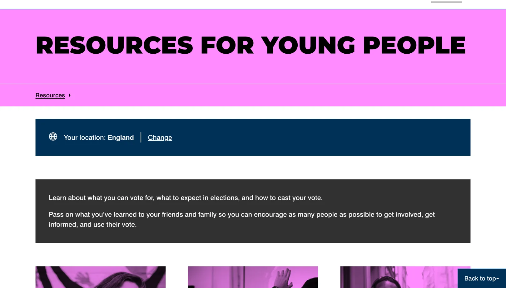 The Electoral Commission webpage that shows resources for young people