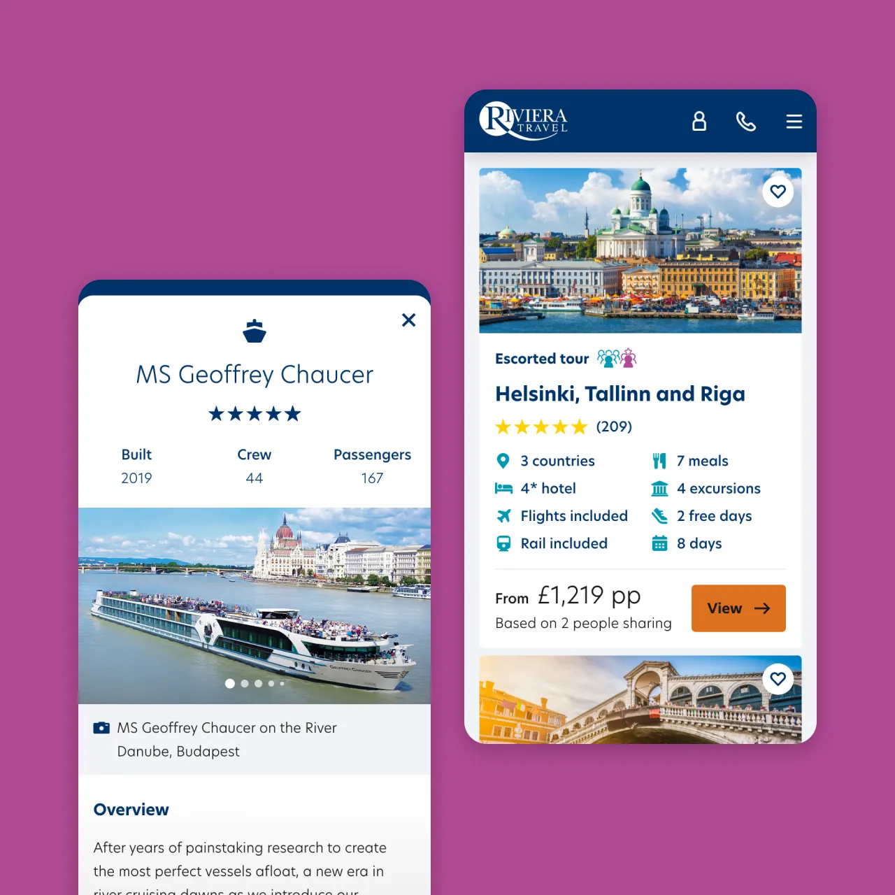 Riviera Travel mobile screens showing a river cruise ship profile and an escorted tour listing with ratings, itinerary details and pricing.