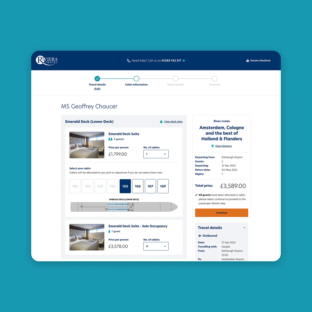 Riviera Travel booking page displaying cabin selection options, deck plan and trip summary with total price and travel details.