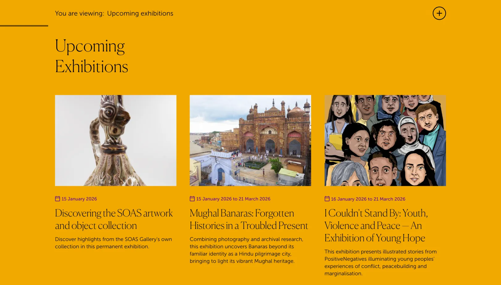 SOAS webpage that shows the gallery's upcoming exhibitions