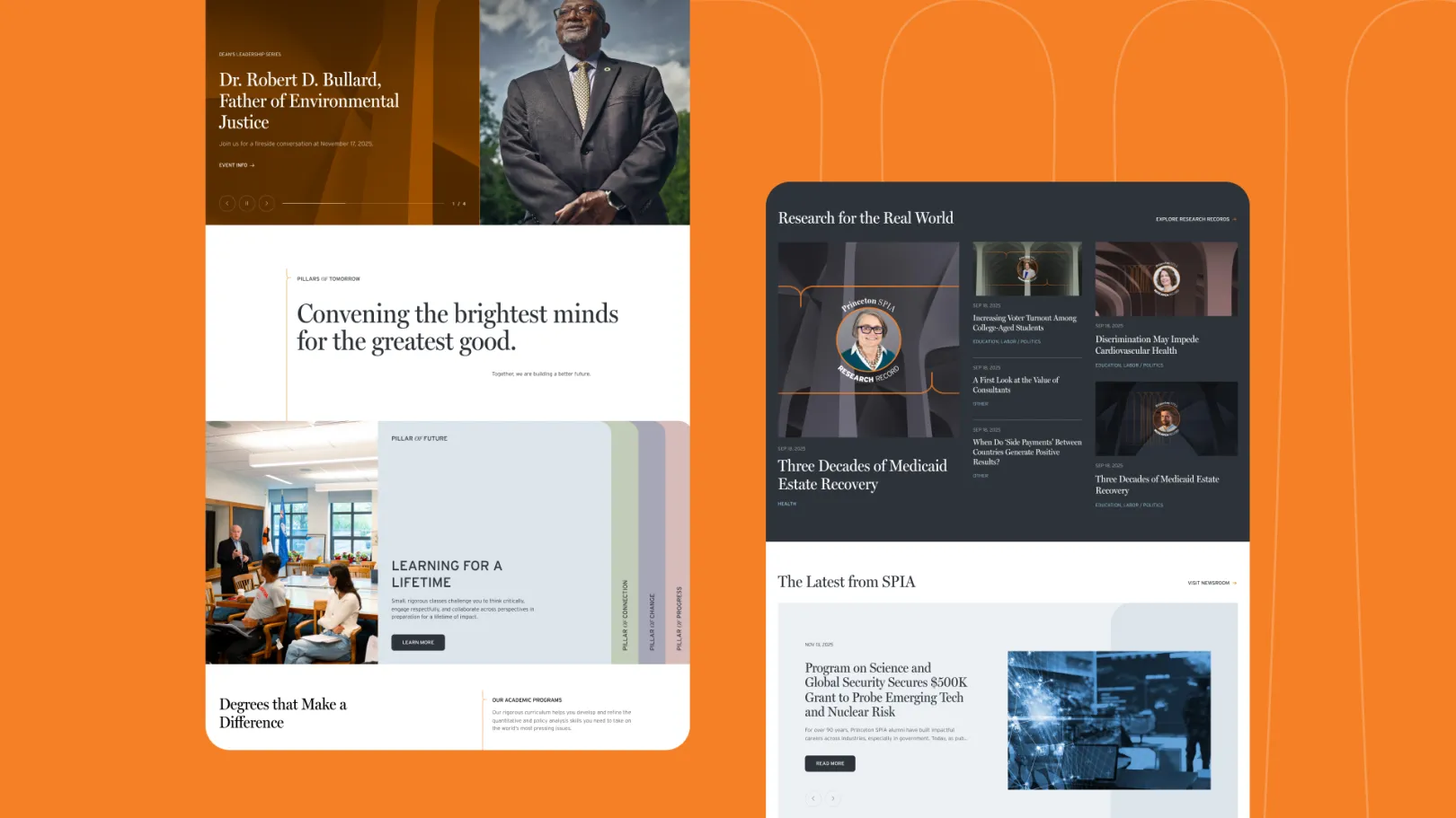 Two screenshots of the redesigned Princeton SPIA website showing the homepage with bold orange branding, a Dean's Leadership Series event feature, and a Research for the Real World section displaying research records and latest news.