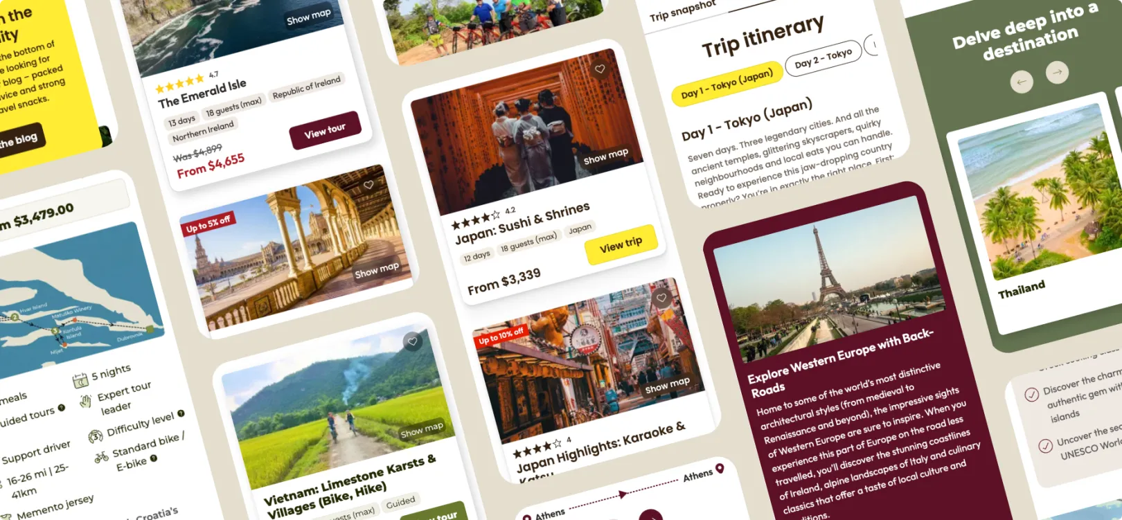 Screenshots of each brand on mobile, displayed creatively with a number of examples