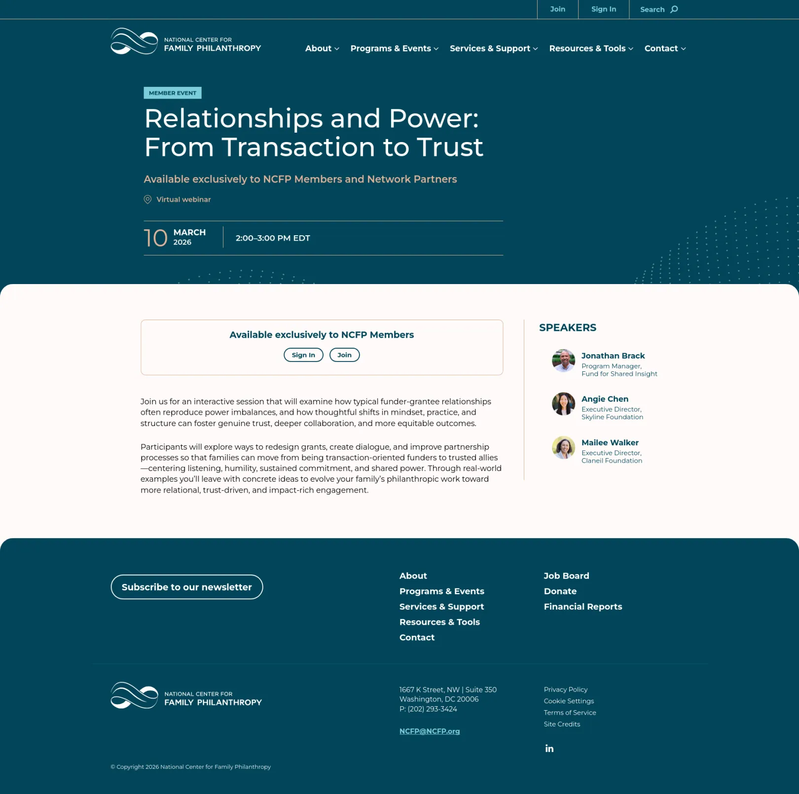 An event page with a message explaining it is for members only, with a prompt to join NCFP or log into the website.