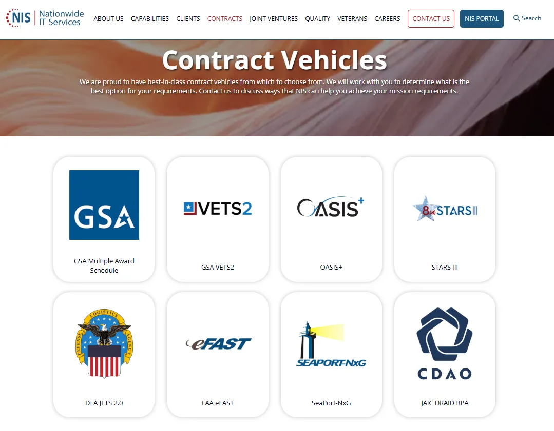 Nationwide IT Services contract vehicles page listing federal contracting mechanisms and procurement options that support IT services, digital modernization, and mission support. The page presents organized sections outlining available contract pathways for government agencies to engage NIS for services across technology, operations, and program support.