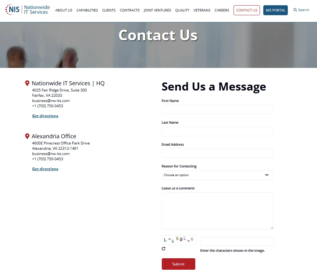 Nationwide IT Services Contact Us page featuring a contact form for inquiries, along with company contact details such as email, phone, and address. The page is designed to help prospective clients and partners connect with NIS for information on IT services, contracting opportunities, and federal mission support.
