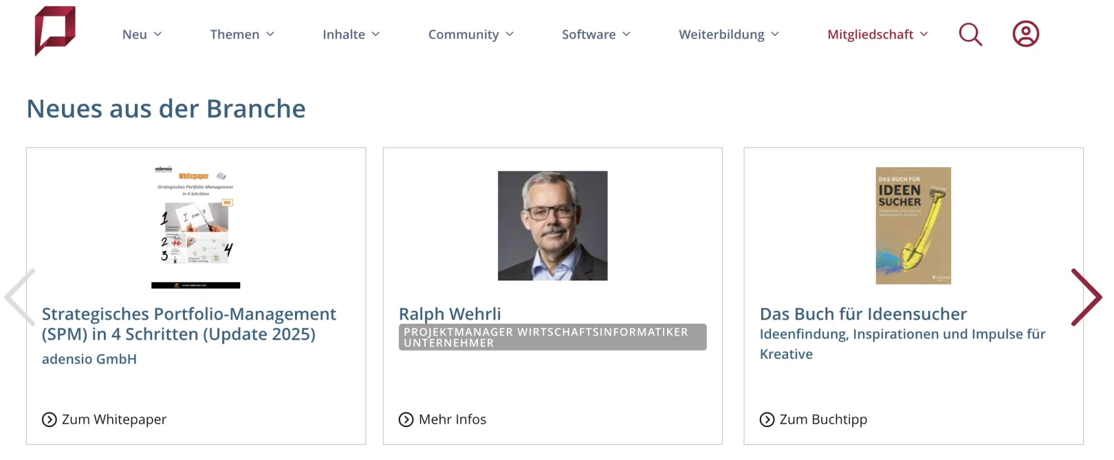 ProjektMagazin.de homepage with featured project management articles, e-books, online seminars, and membership options in German.