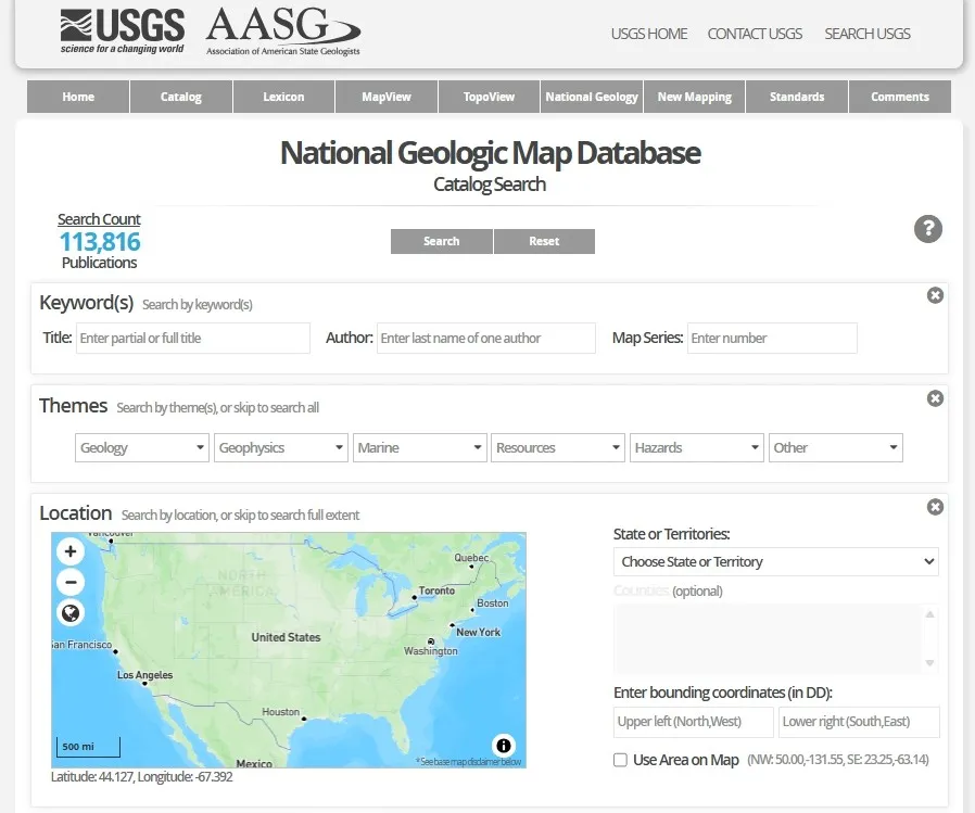 USGS National Geologic Map Database (NGMDB) component search webpage with a search interface for locating geologic maps, reports, and stratigraphic information, including query fields and navigation links for browsing map resources. 