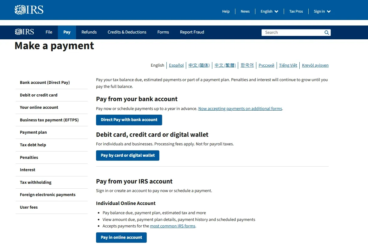IRS Payments webpage displaying options for making federal tax payments, including paying online, scheduling payments, and viewing payment history. The page highlights secure payment methods such as bank account withdrawals, debit or credit cards, and installment agreements, along with guidance on payment deadlines and managing tax balances.