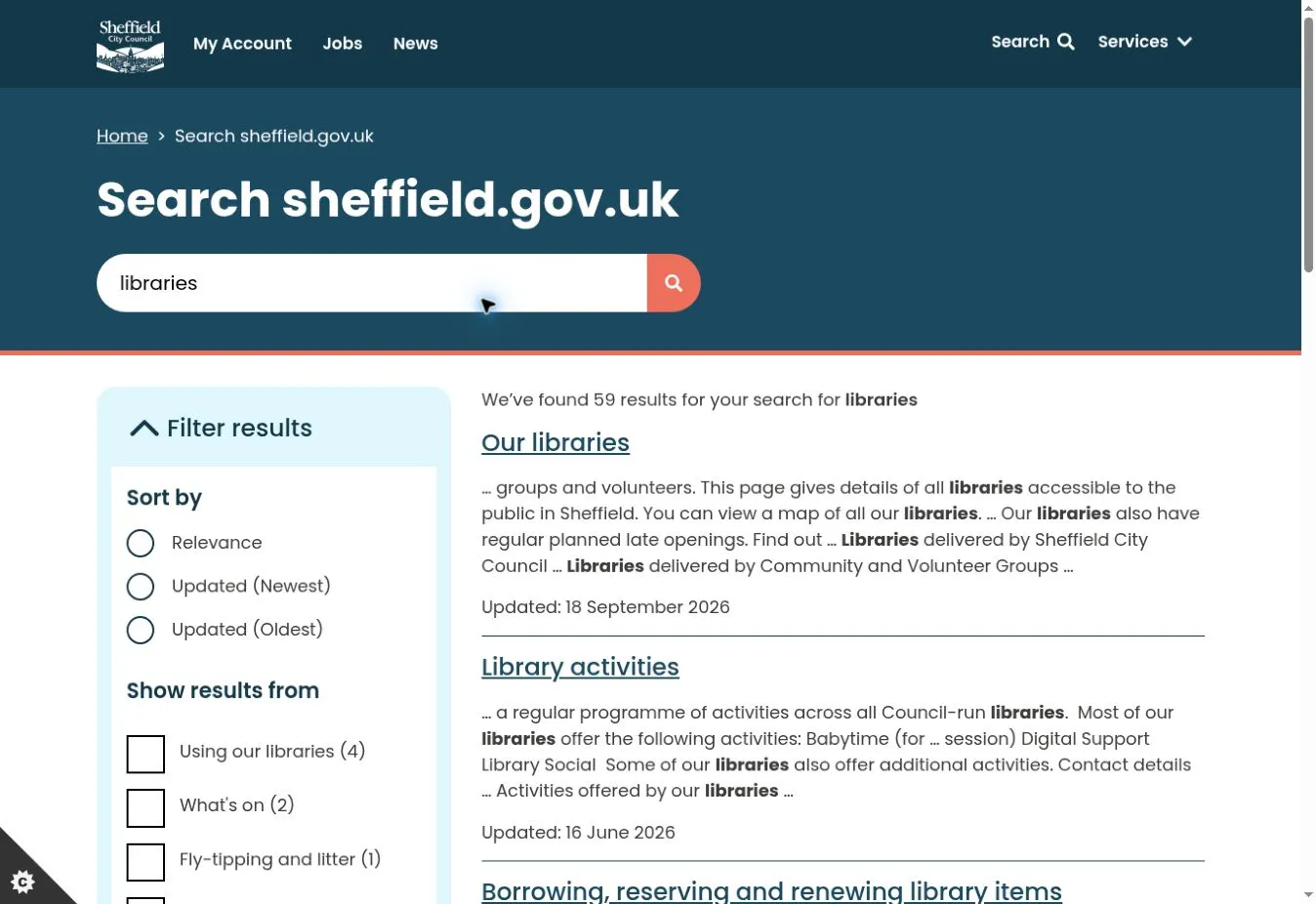 Sheffield search results for libraries with a filter panel, relevance and date sorting, and links to library services.