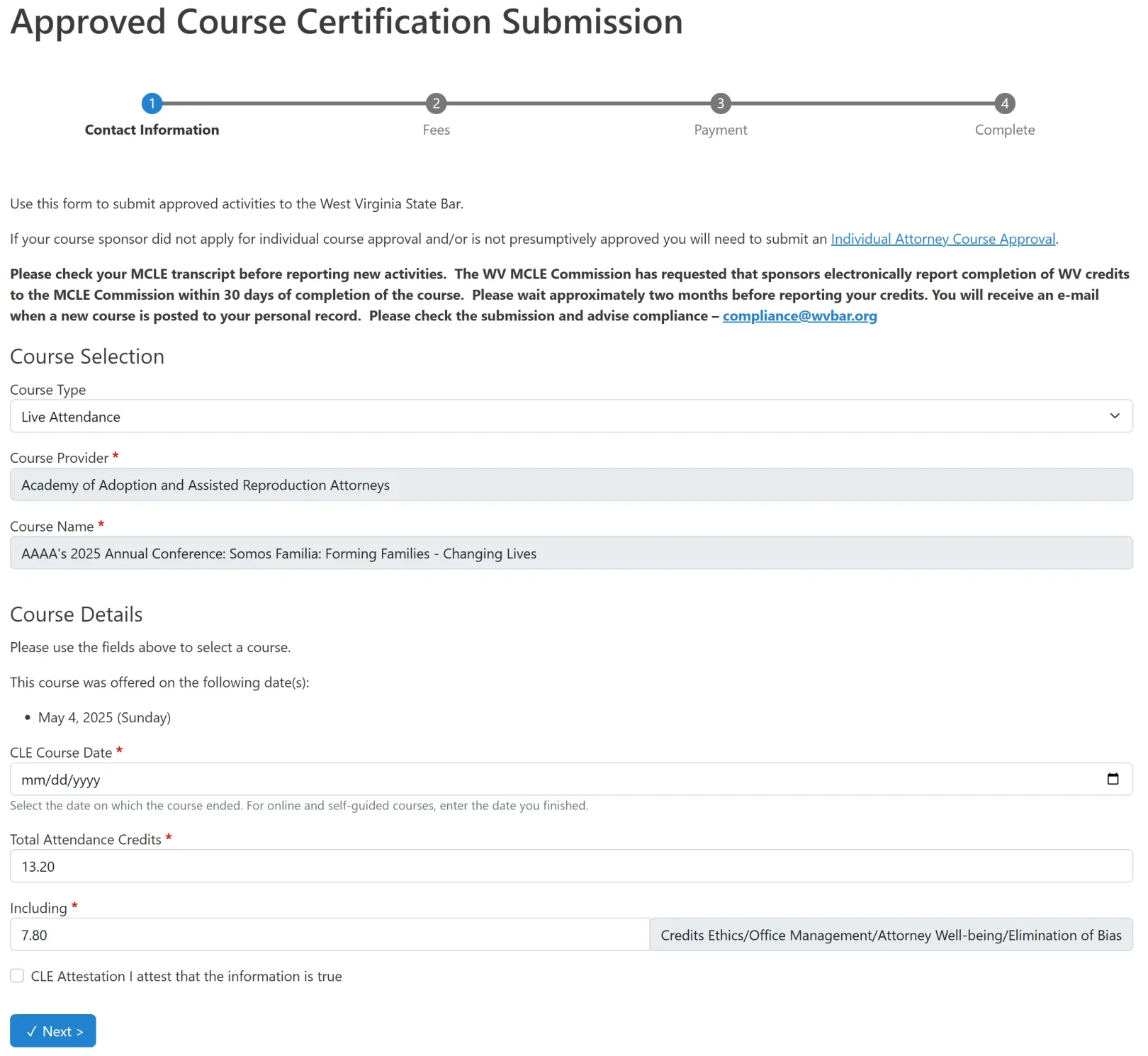 Form to submit details about CLE credits earned