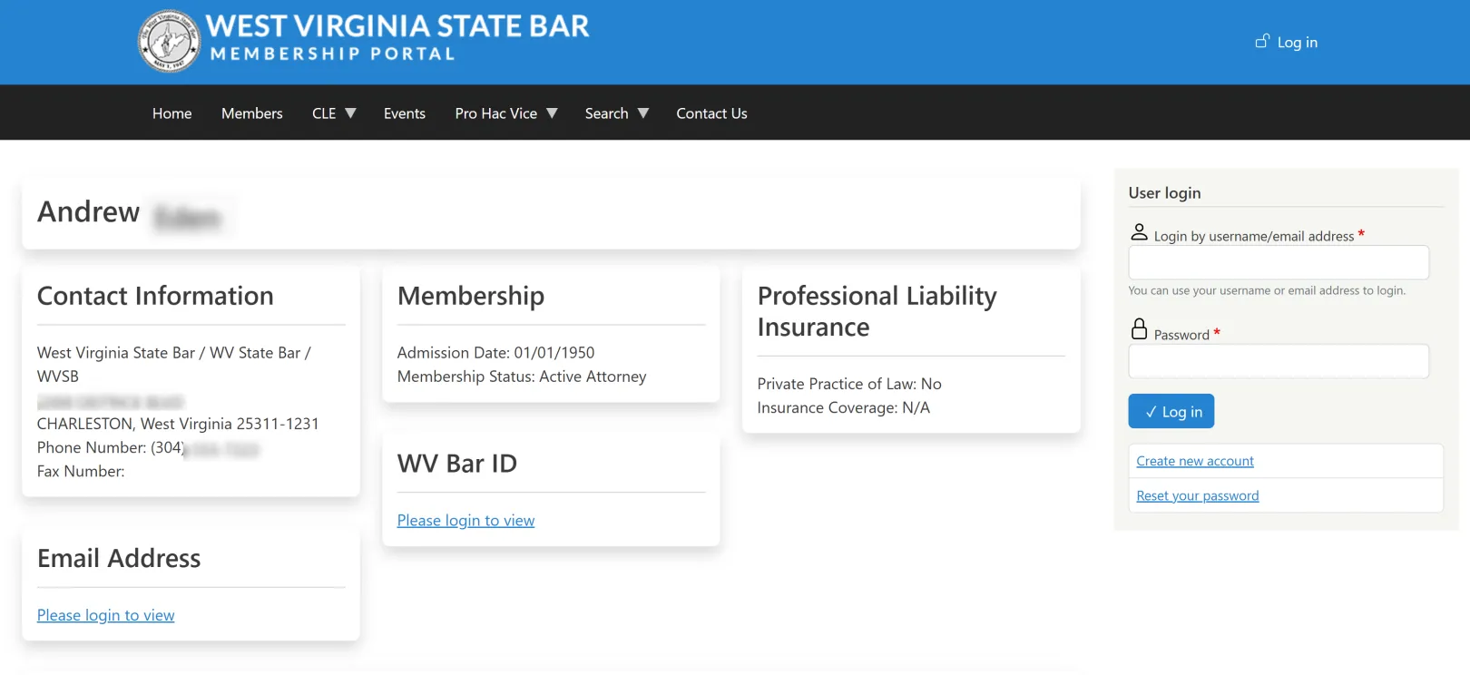 Member profile showing contact info, membership status and insurance info