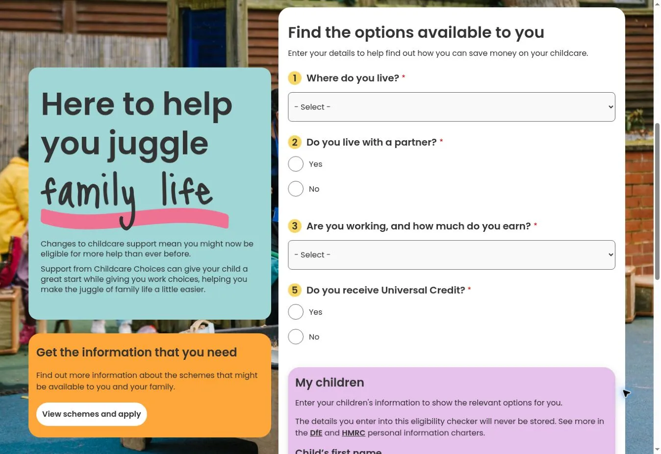 Archived Childcare Choices form asking about location, household, work and children