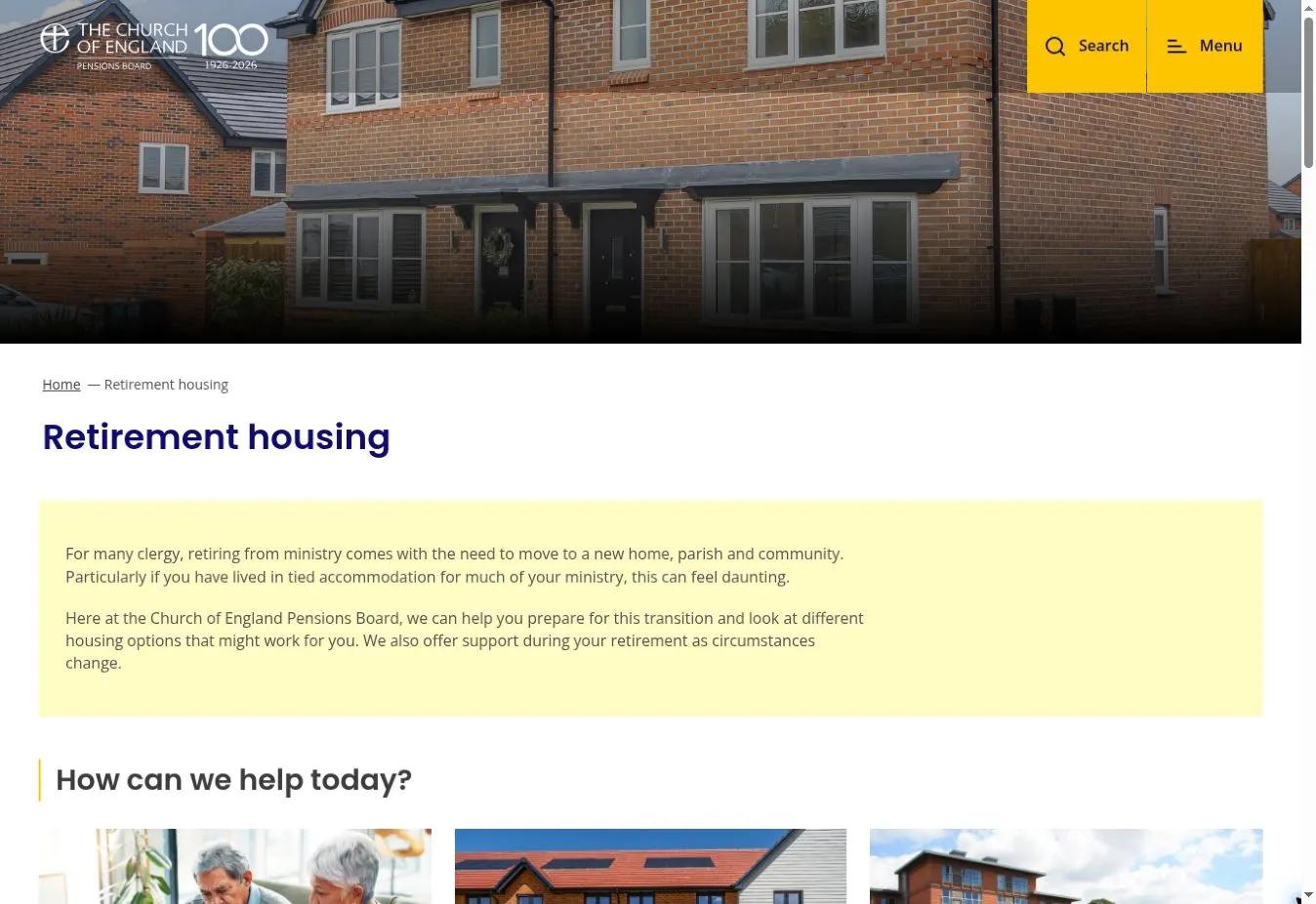 Pensions Board retirement housing page with property photography and an introduction to housing support