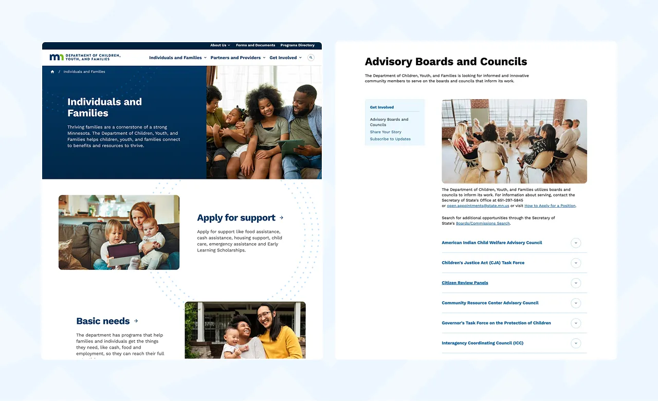 screenshot of DCYF web pages