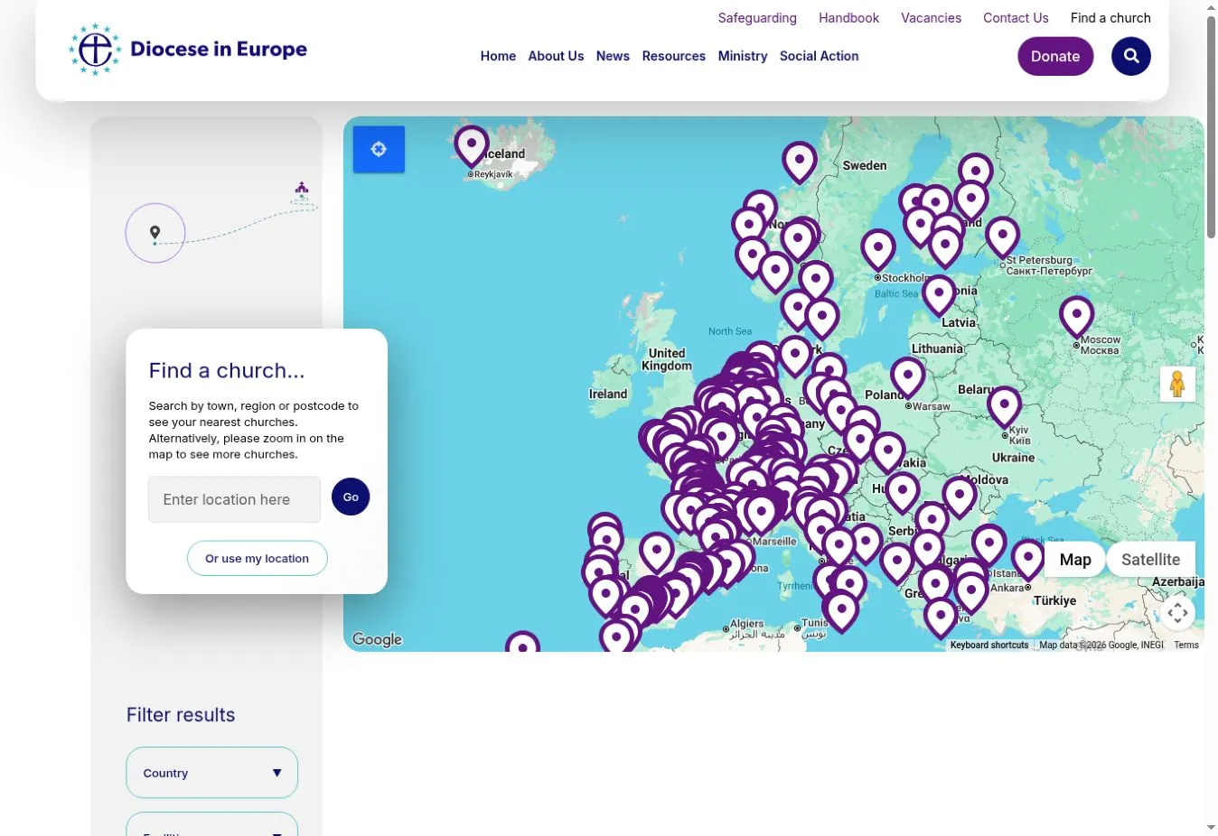 Diocese in Europe church finder, showing a map of church locations across Europe and a location search