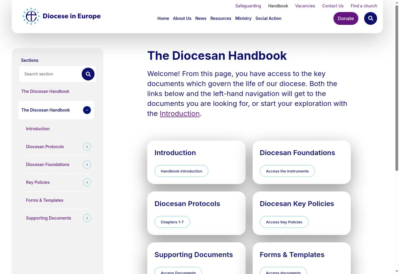 Diocesan Handbook page with section navigation, a section search and links to key documents