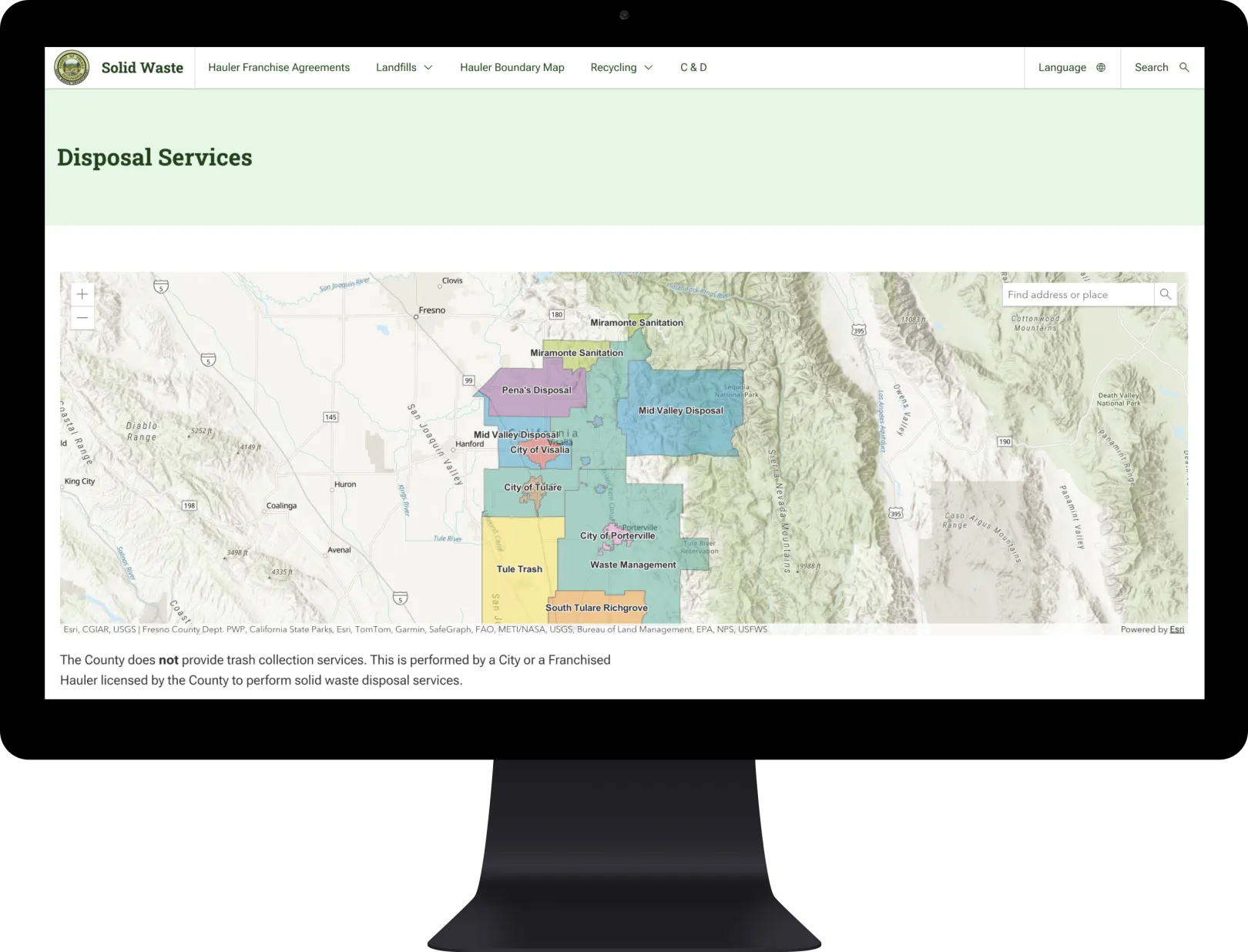 Waste Management mapping system on a monitor screen.