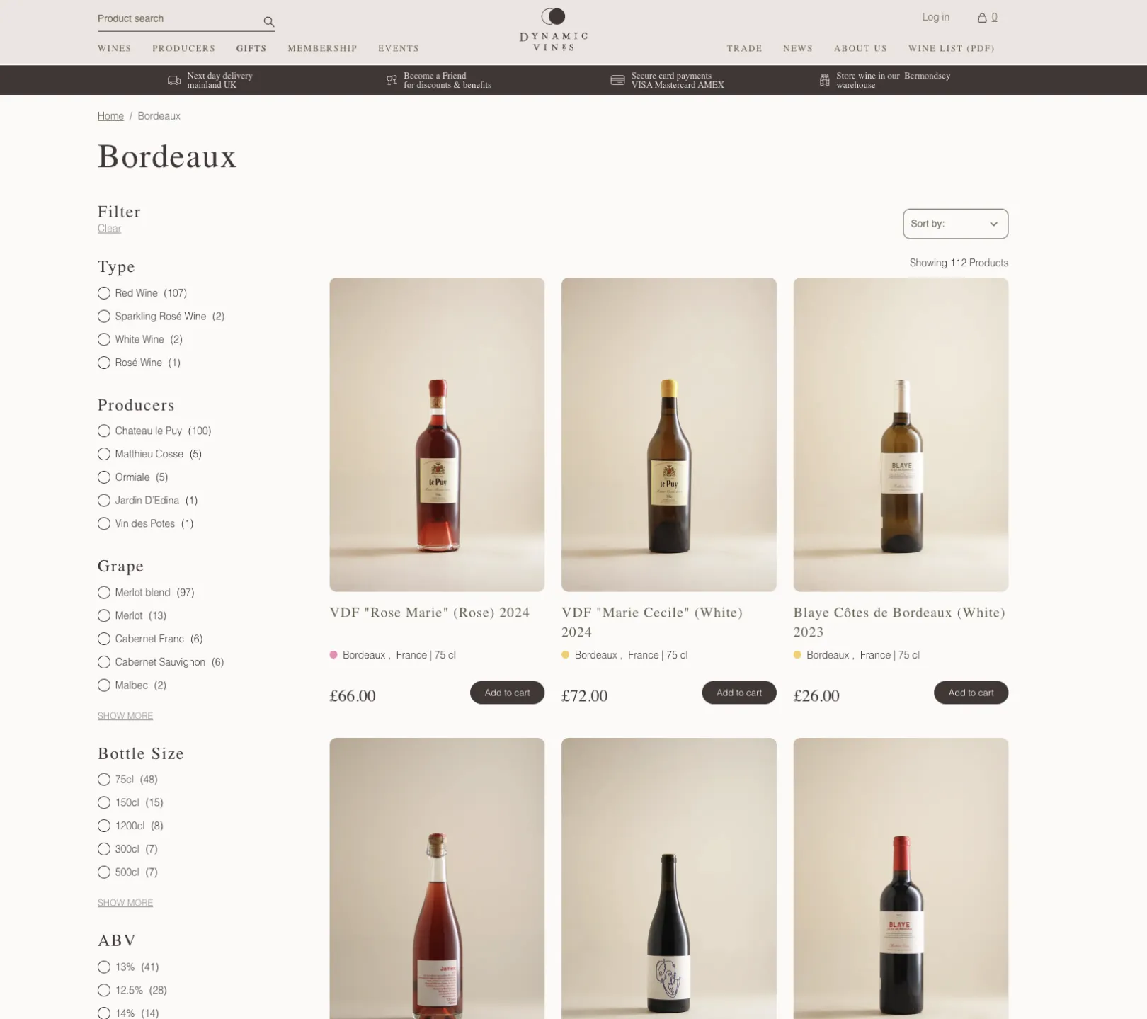 Product listing page of the website displaying wines