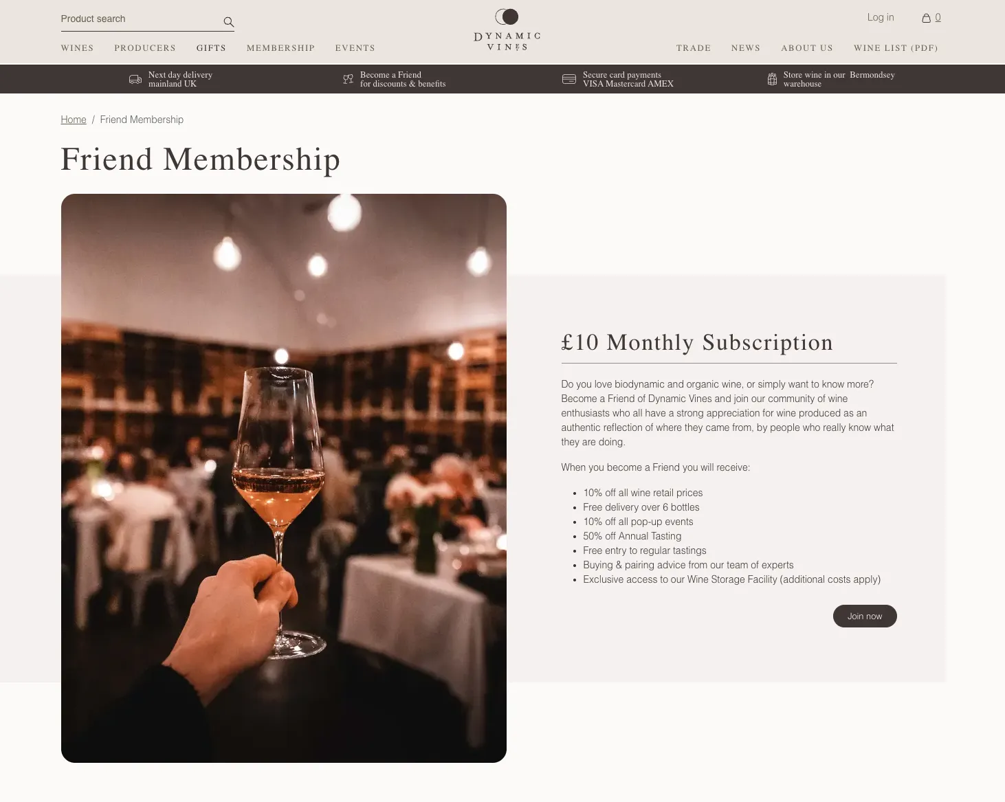 membership page of the website an image of hand holding  a wine glass