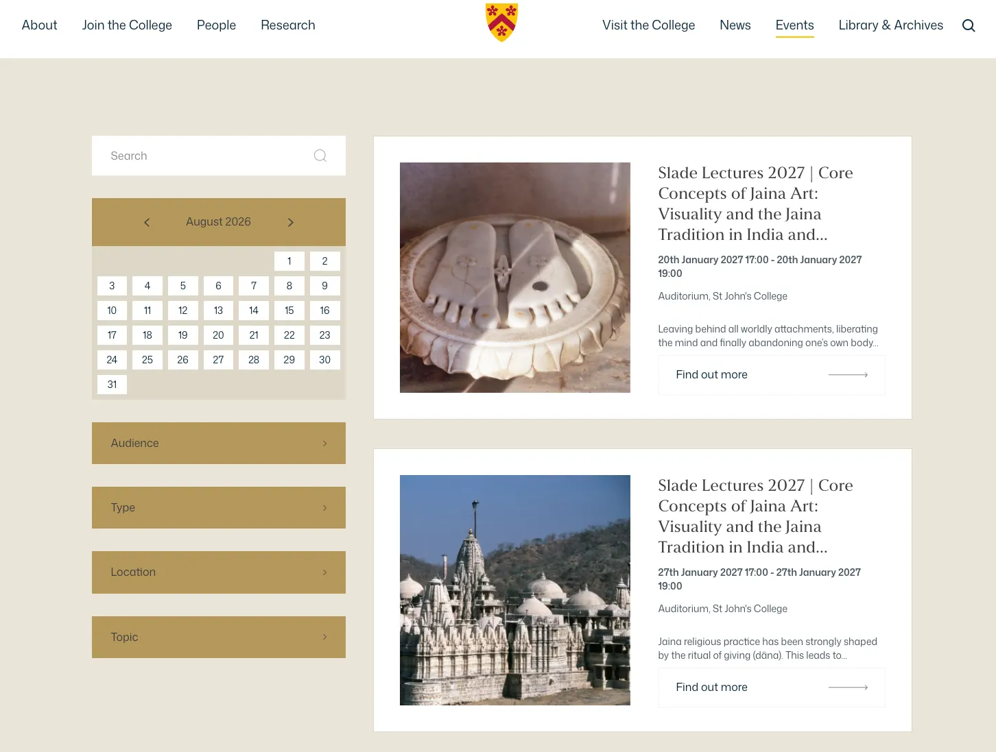 Events page of the All Souls College 