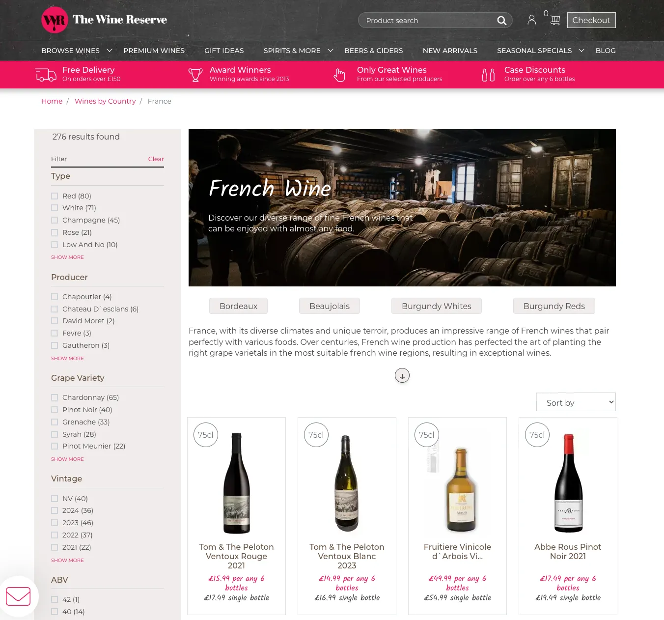 French wine page with wines listed for sale