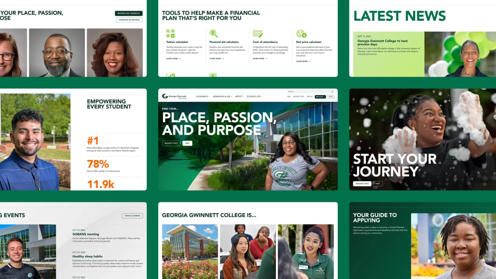 Collage of Georgia Gwinnett College website pages showing homepage, student features, financial tools, news, and program content.