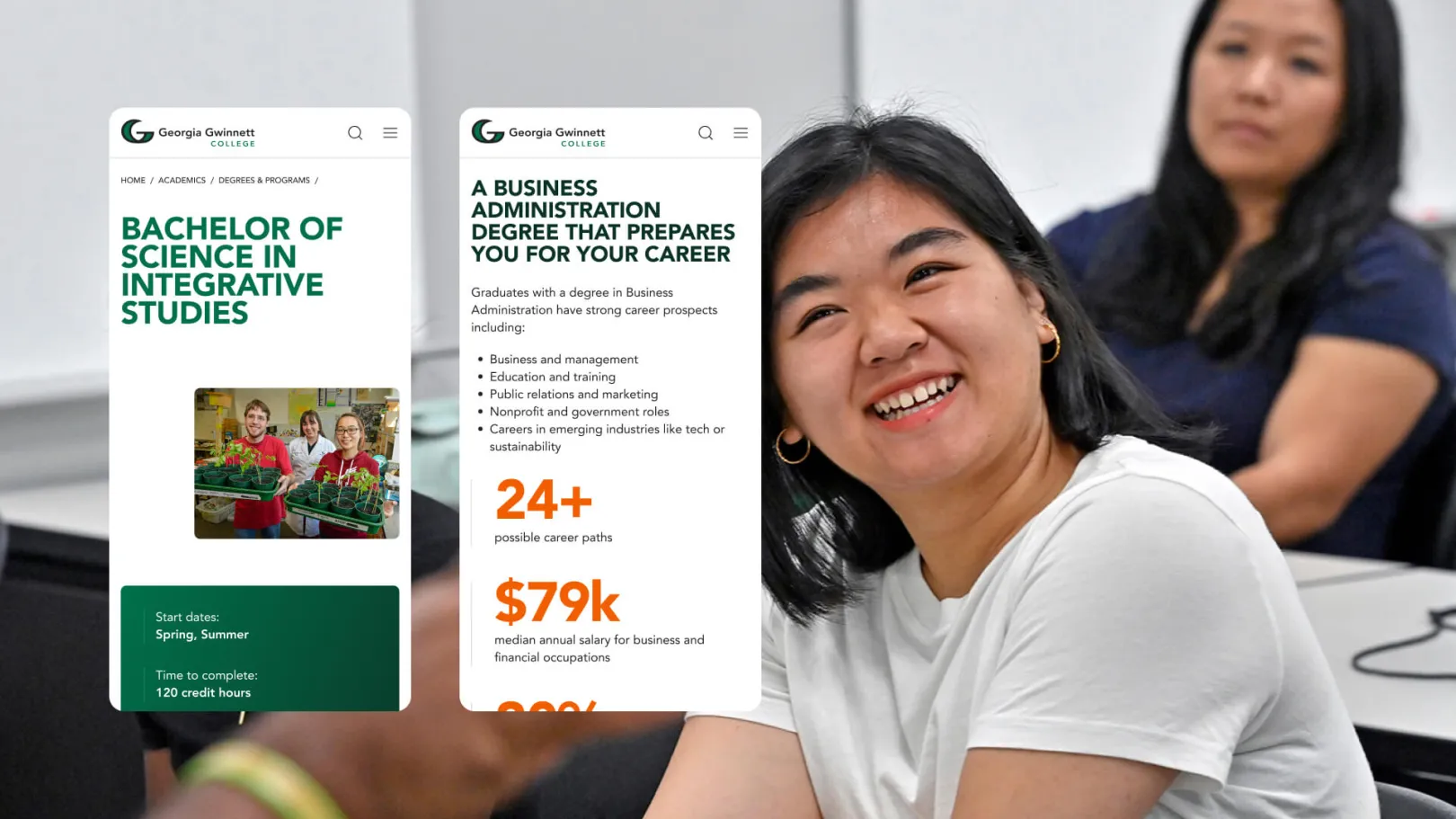 Mobile views of Georgia Gwinnett College program pages highlighting degree details, career outcomes, and student success metrics.
