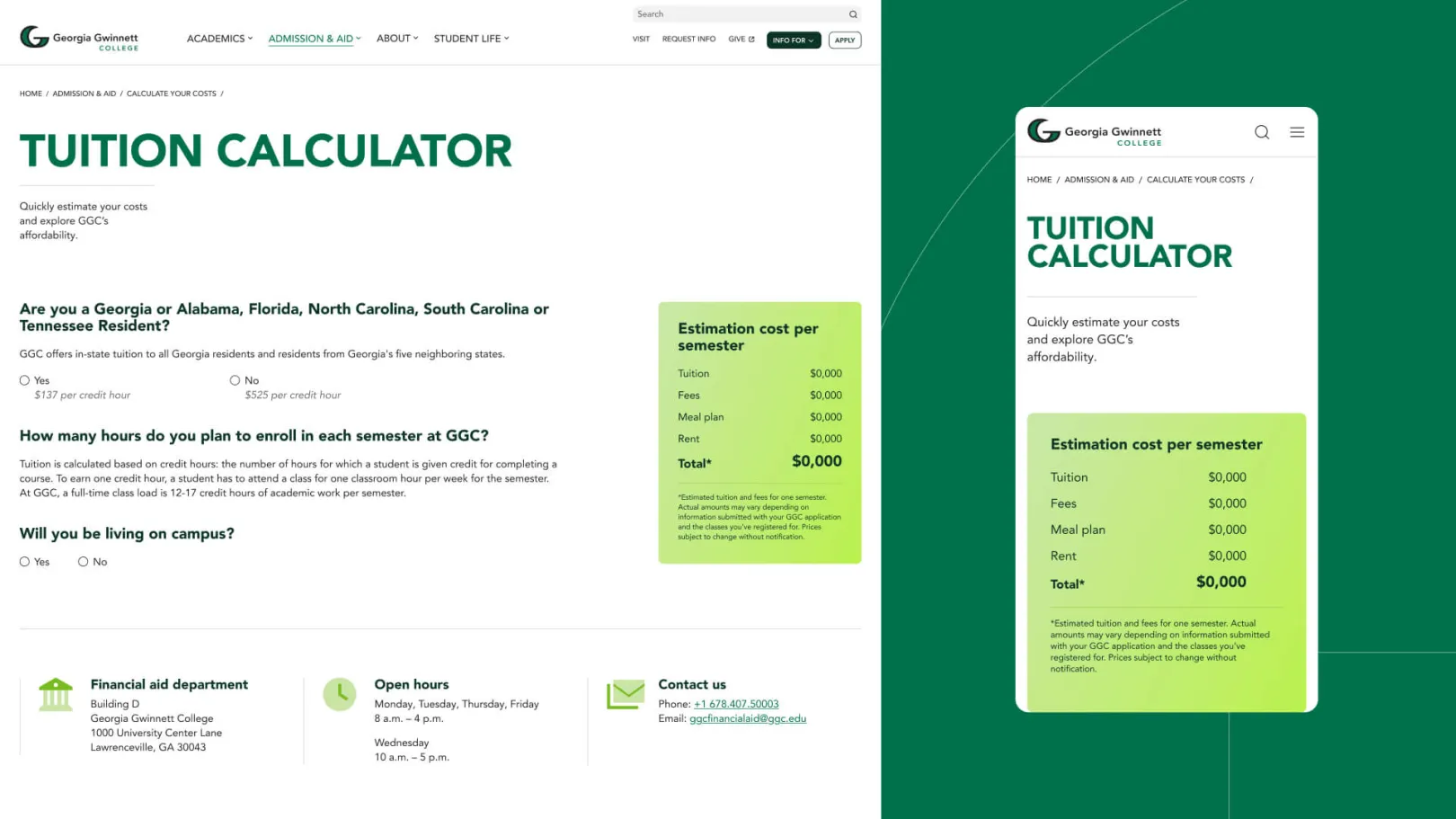 Georgia Gwinnett College tuition calculator interface showing residency, enrollment, and housing options with estimated costs.