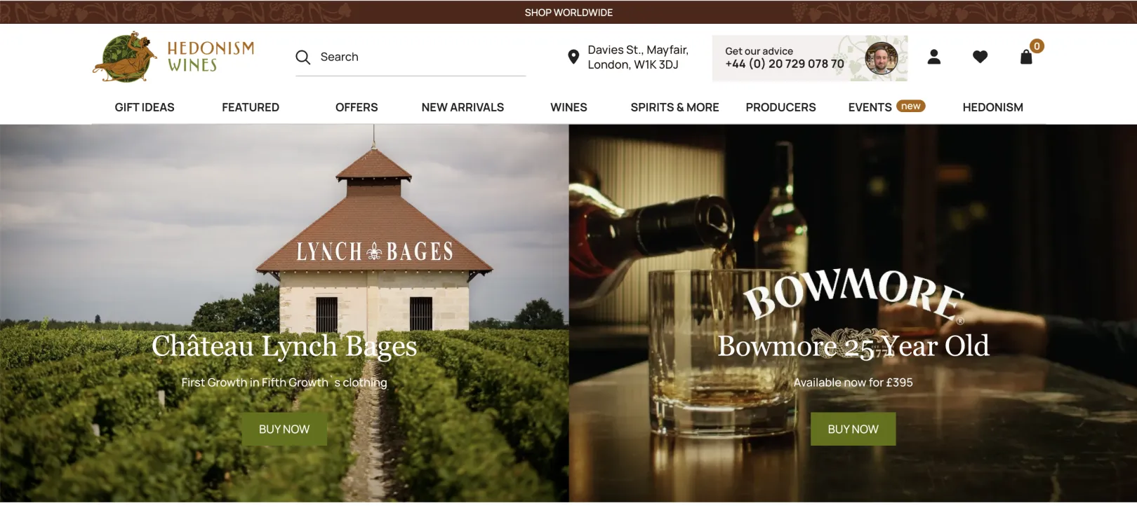 Image of the landing page of hedonism wines with 2 whiskeys as featured products 