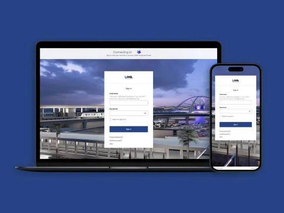 Screenshot and mockup collage showcasing the Los Angeles World Airports website.