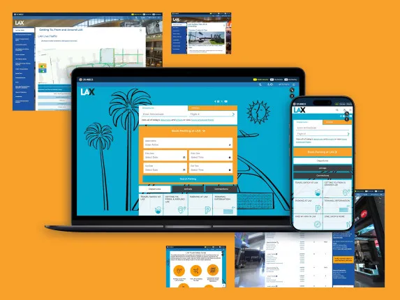 Screenshot and mockup collage showcasing the Los Angeles Airport website.