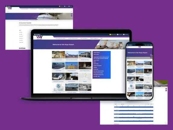Screenshot and mockup collage showcasing the Van Nuys Airport website.