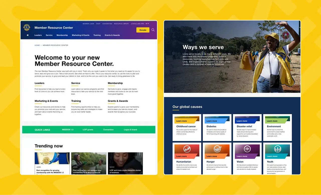 screenshot of webpages from Lions Clubs site