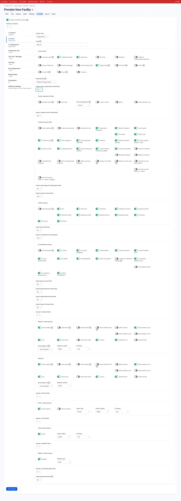 Webform CiviCRM backend showing how civicrm data is mapped to webform fields