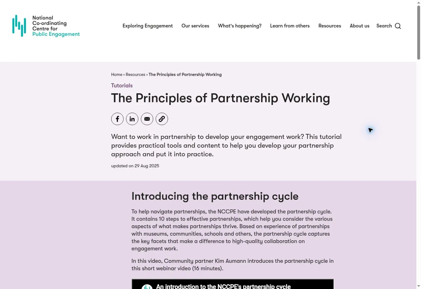 The Principles of Partnership Working tutorial, showing its introduction and a contrasting section explaining the partnership cycle
