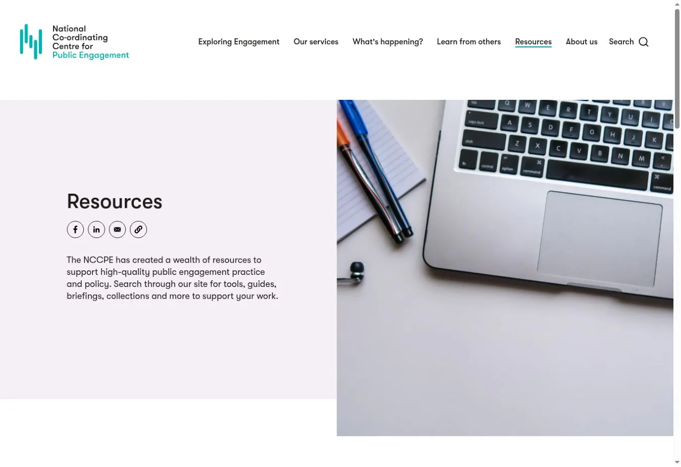 NCCPE Resources landing page introducing its tools, guides, briefings and collections