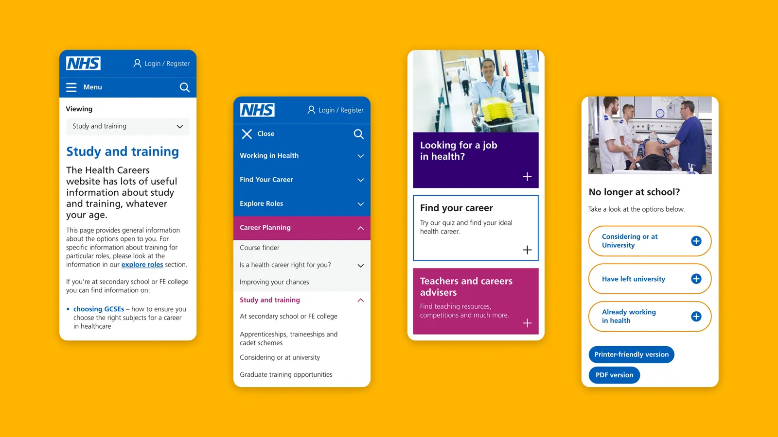 Mobile screens of NHS Health Careers site showing study and training page, expanded career planning menu and career finder options.