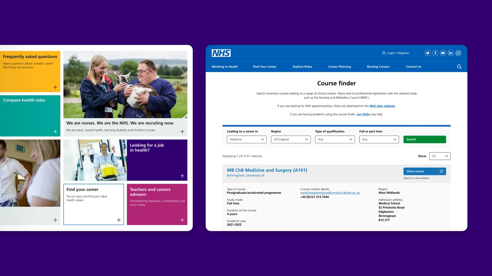 NHS Health Careers course finder page with search filters and university course results displayed.