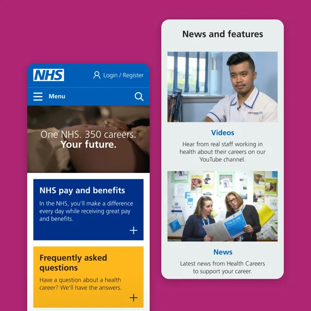 Mobile and desktop views of NHS Health Careers website featuring navigation menu, news section and career information panels.
