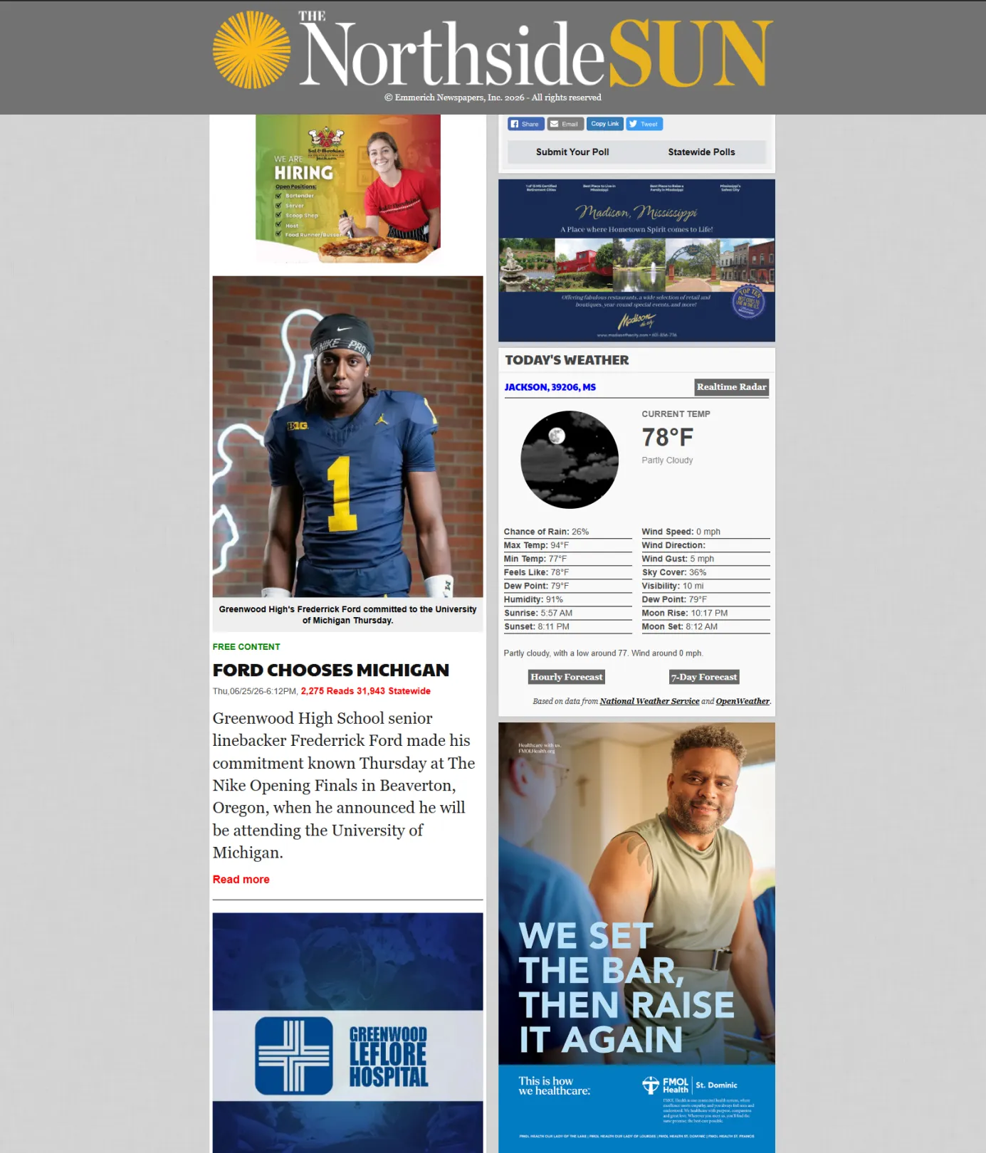  Screenshot of The Northside Sun website article page featuring a photo of Greenwood High School football player Frederrick Ford in a Michigan jersey, alongside a "Ford Chooses Michigan" headline, local weather widget, and sidebar ads.