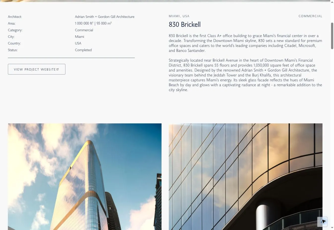 830 Brickell project page showing structured development facts, introductory copy and architectural photographs