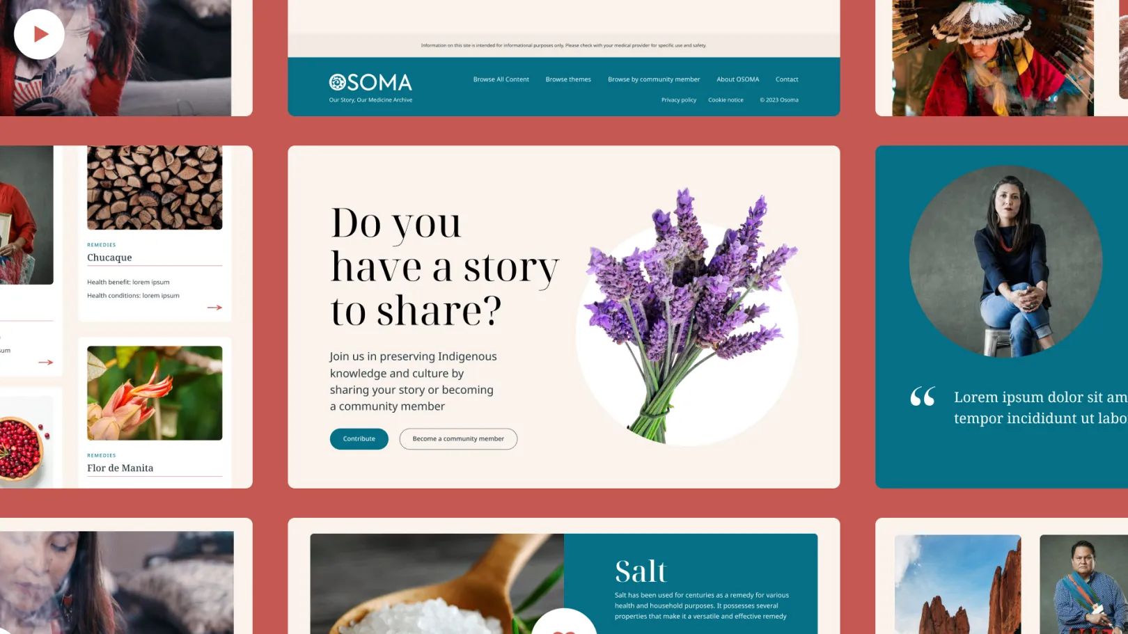 Design showcase of the OSOMA website featuring Indigenous stories, plant remedies, community profiles, and cultural imagery.