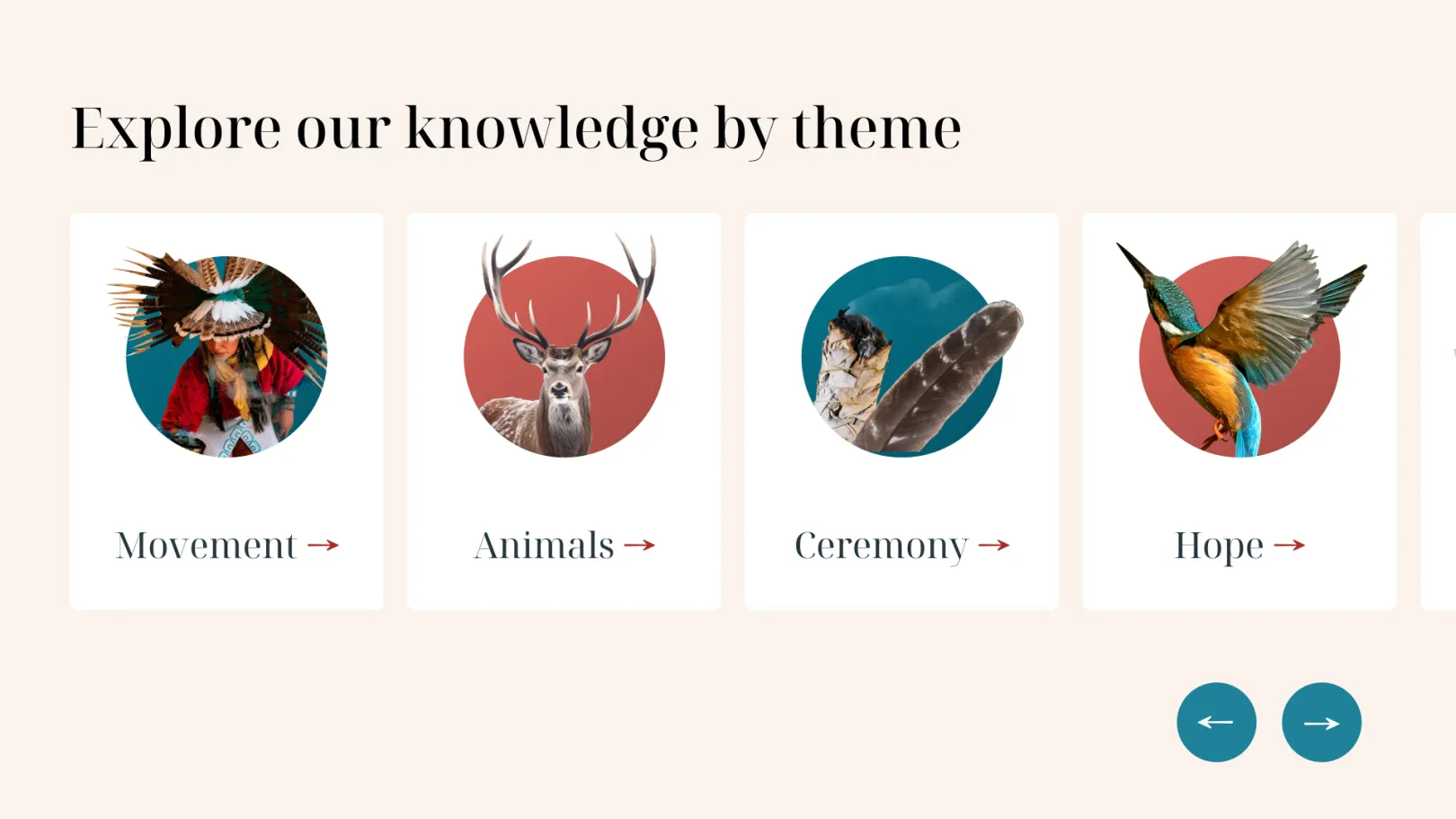 Website section showing knowledge themes including Movement, Animals, Ceremony, and Hope with illustrated icons.