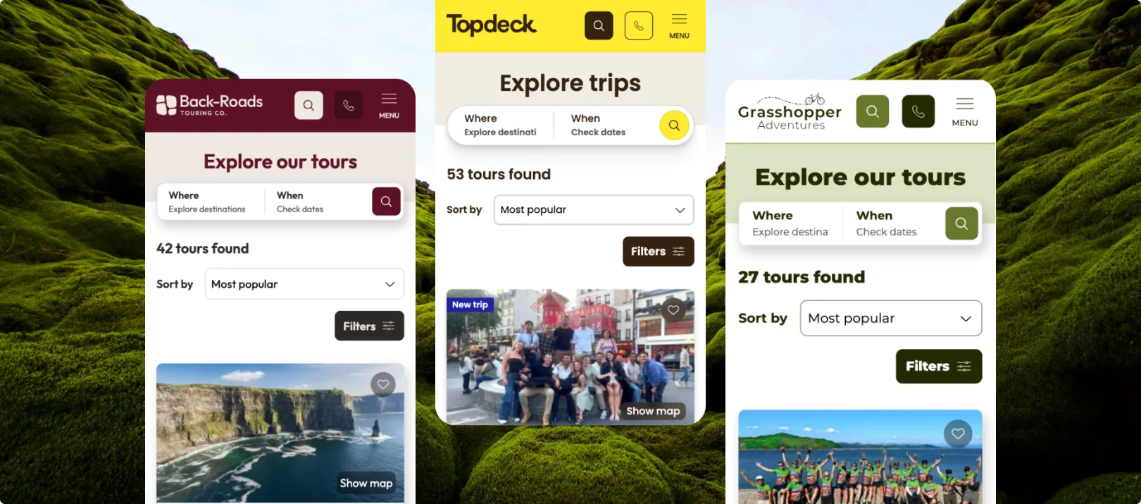 Screenshots of each brand on mobile, exploring their offerings