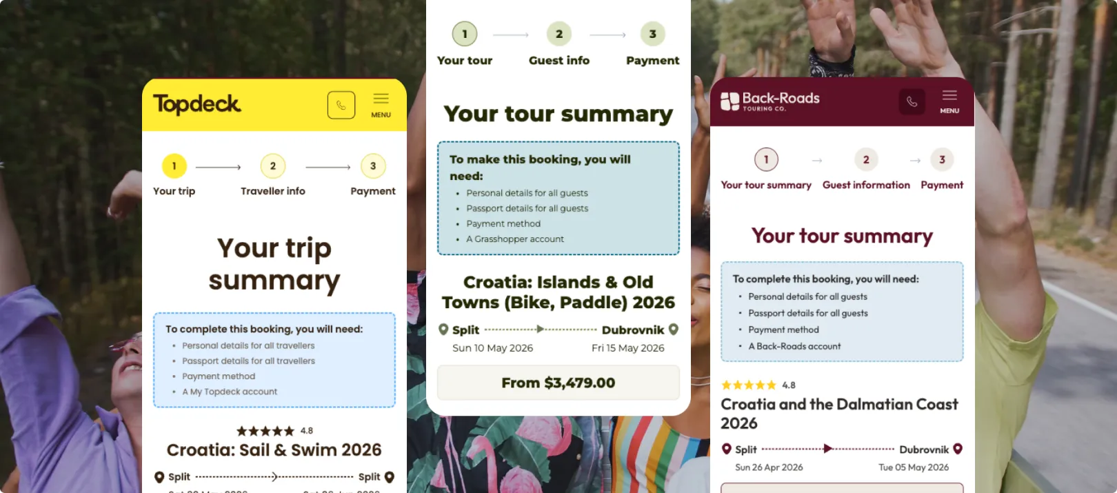 Screenshots of each brand on mobile, demonstrating the trip summaries